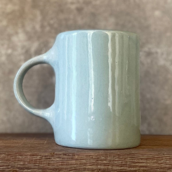 Pale blue ceramic mug with funny saying