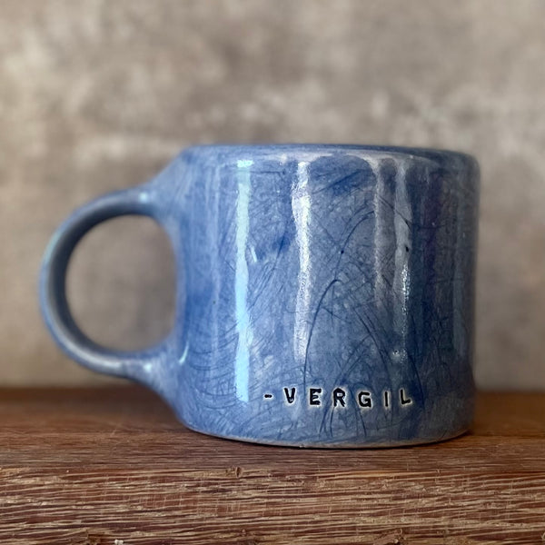 Blue heavy coffee mug with quote by Vergil