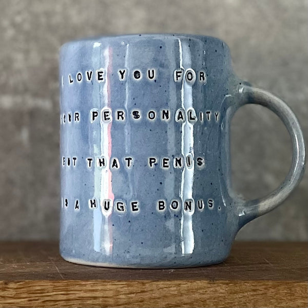 Handmade blue ceramic mug with funny text