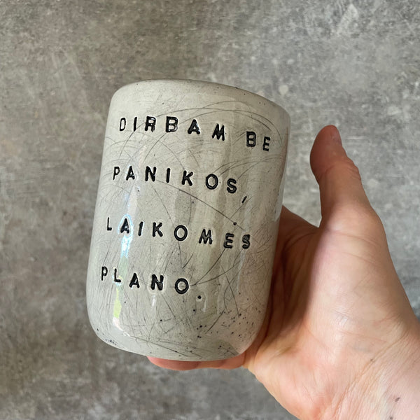 Speckled tumbler mug with saying about work