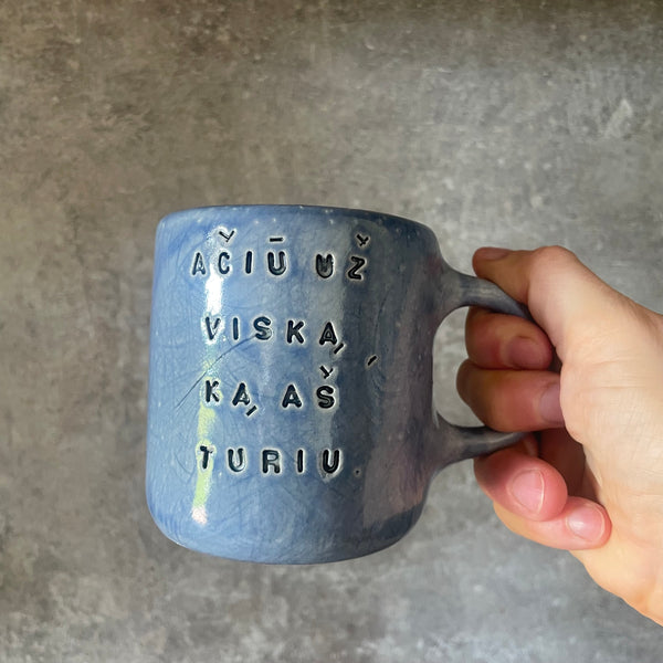 Mėlynas puodelis AČIŪ UŽ VISKĄ