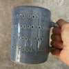 Handmade blue ceramic mug with funny text
