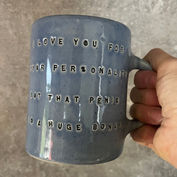 Handmade blue ceramic mug with funny text