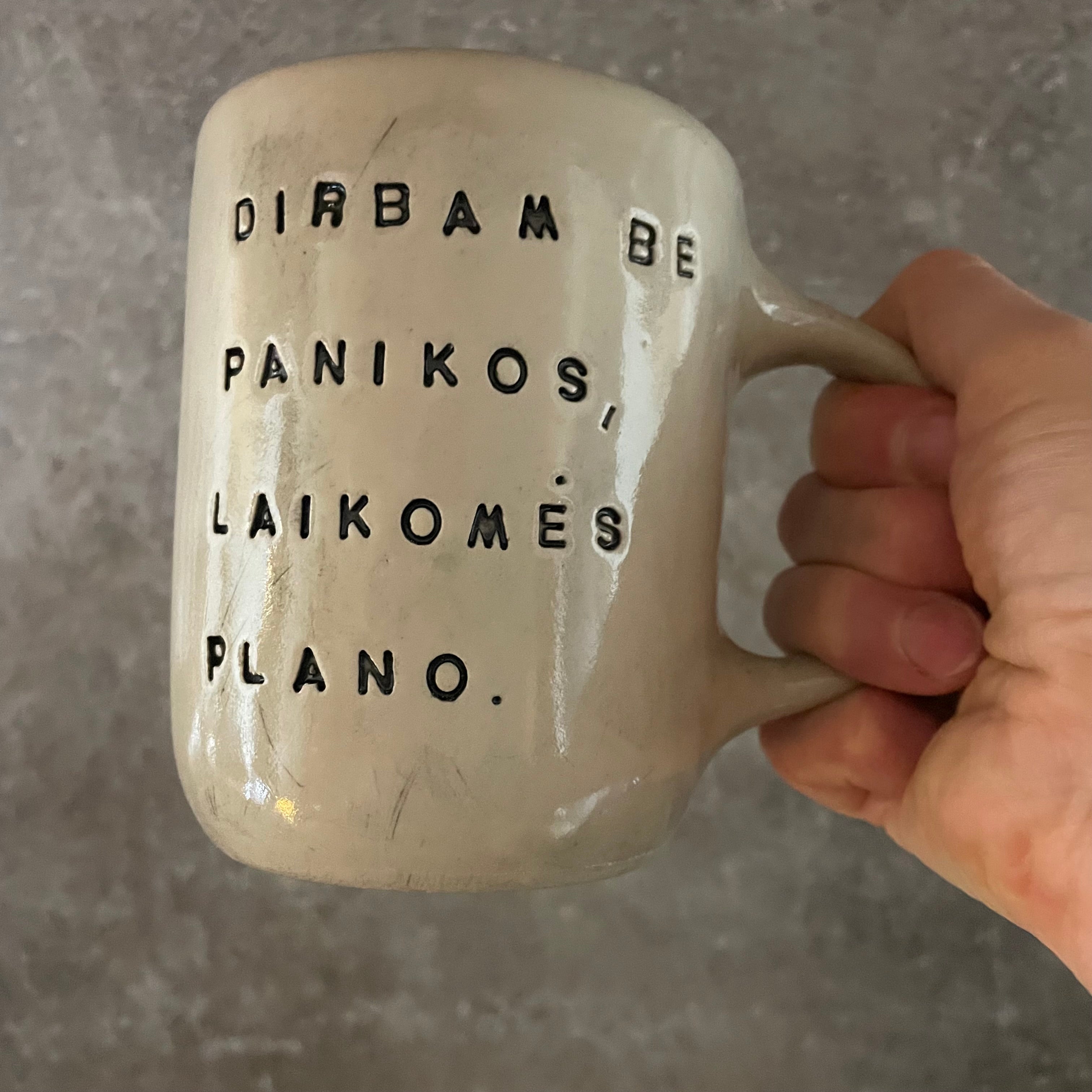White big ceramic mug with words about work
