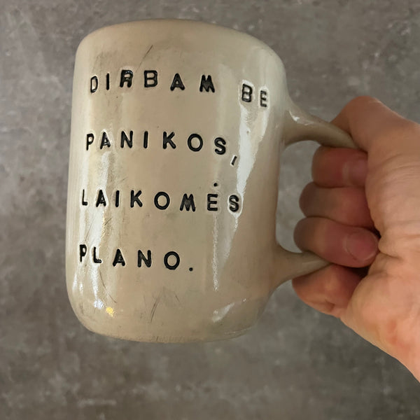 White big ceramic mug with words about work
