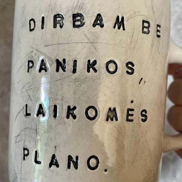White big ceramic mug with words about work