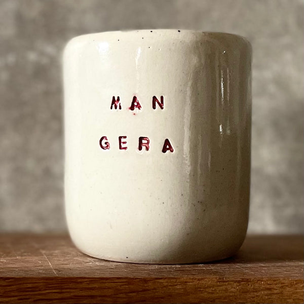 Cozy tumbler mug with words MAN GERA