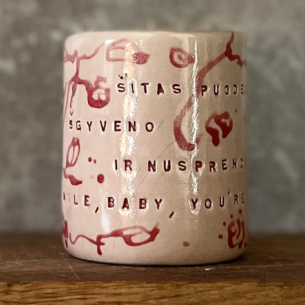 Rausvas gėlėtas puodelis su ilgu tekstu