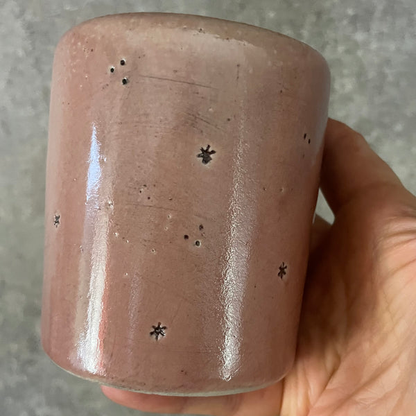 Pink mug with calming words without handle