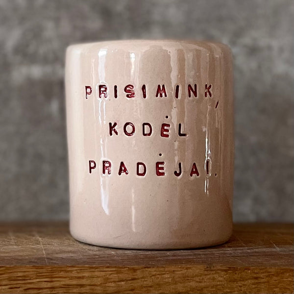 Rožinis puodelis su užrašu PRISIMINK, KODĖL PRADĖJAI