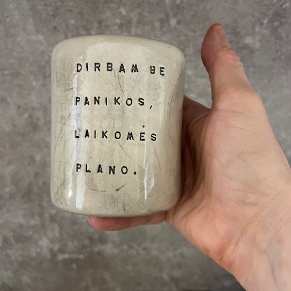 White tumbler mug with saying about work