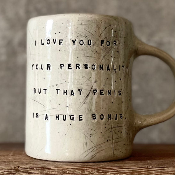 Speckled mug with funny saying