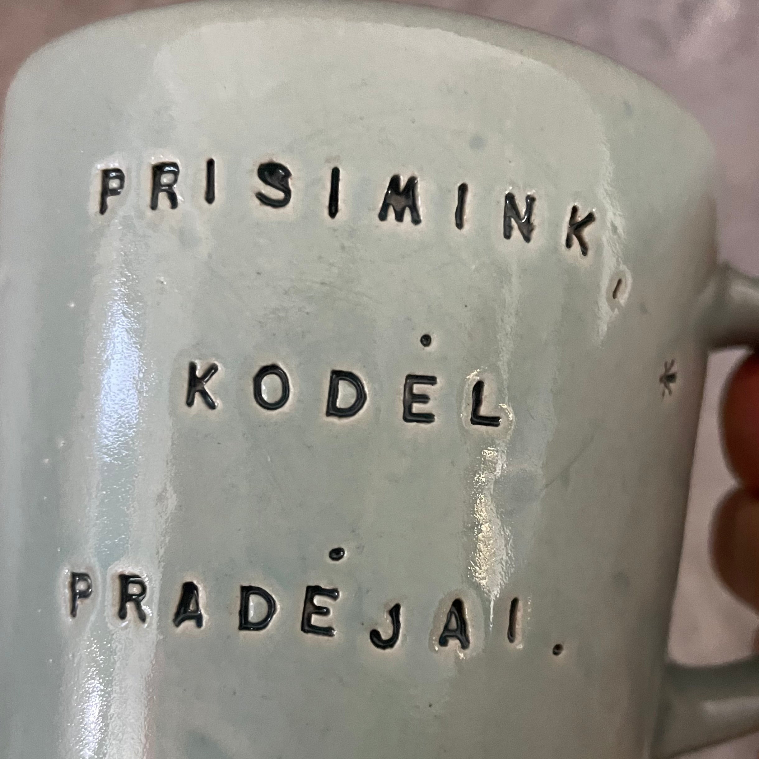 Melsvas puodelis su užrašu PRISIMINK, KODĖL PRADĖJAI