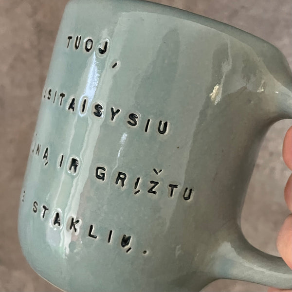 Blue mug with funny phrase in Lithuanian