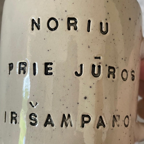 Speckled mug with saying in Lithuanian