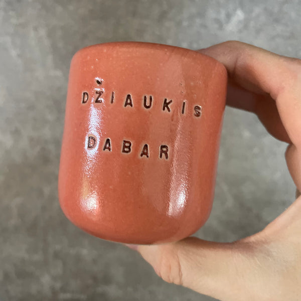 A pair of mugs with words in Lithuanian