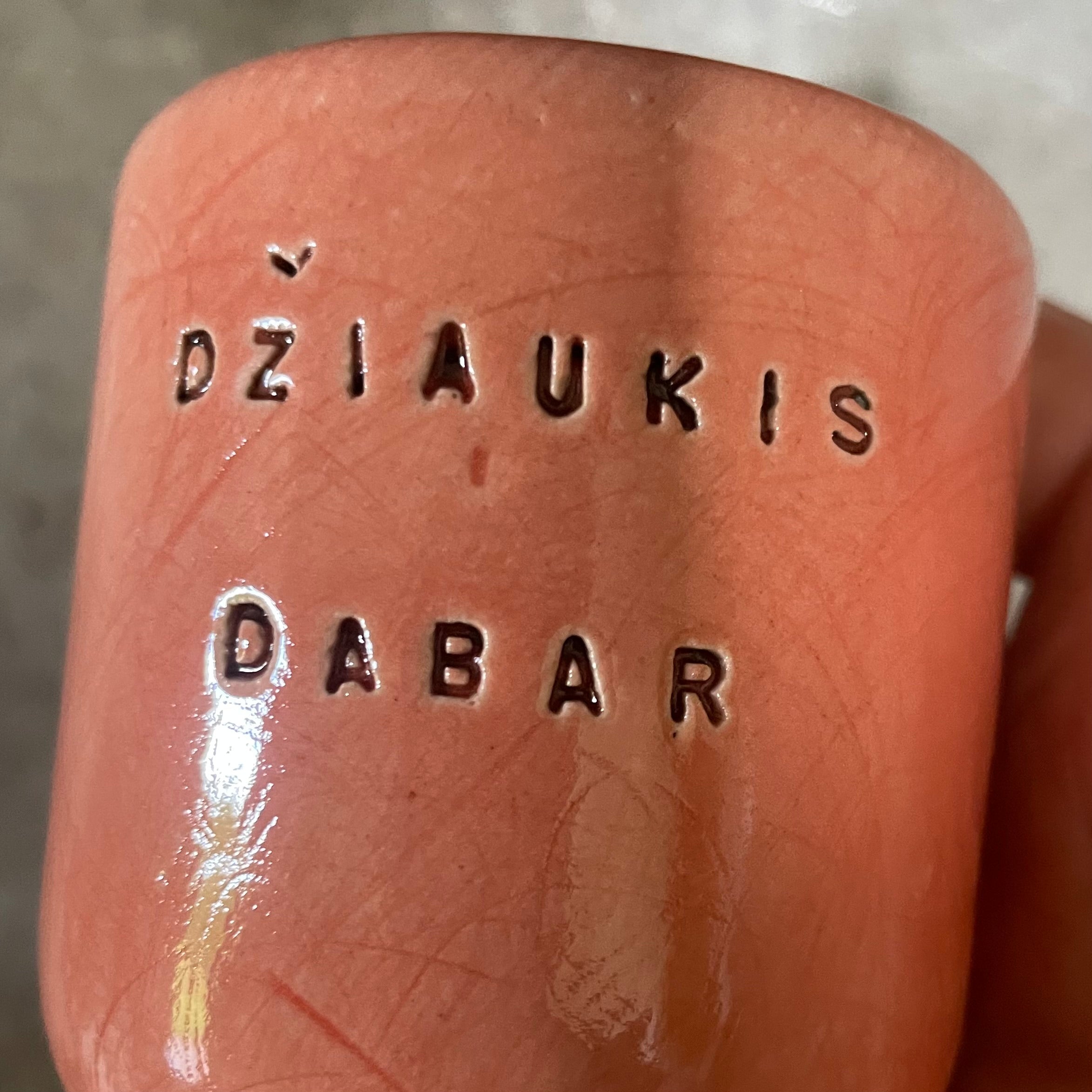 A pair of mugs with words in Lithuanian