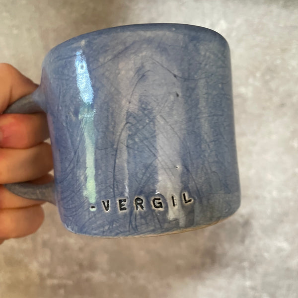Blue heavy coffee mug with quote by Vergil
