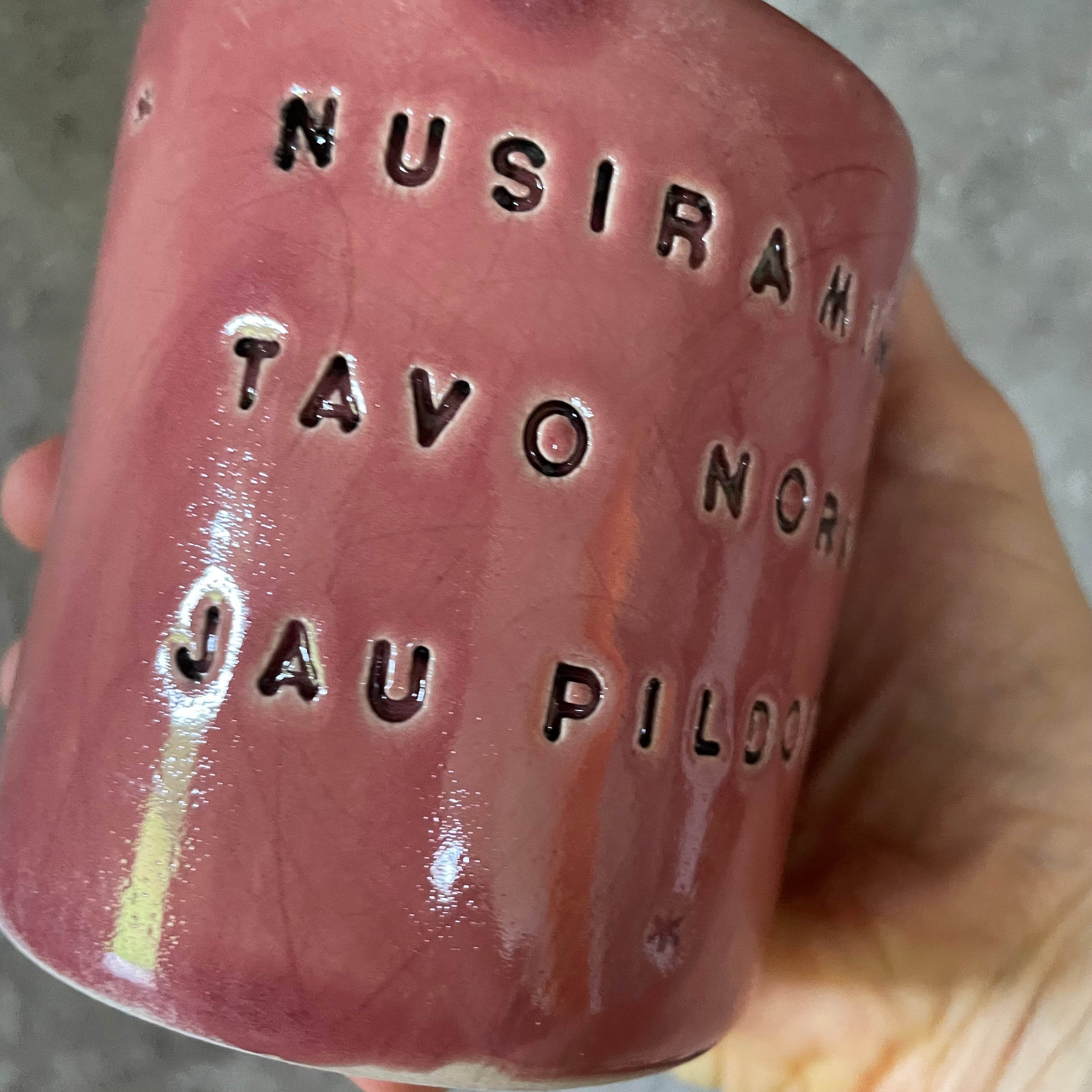 Pink mug with calming words without handle