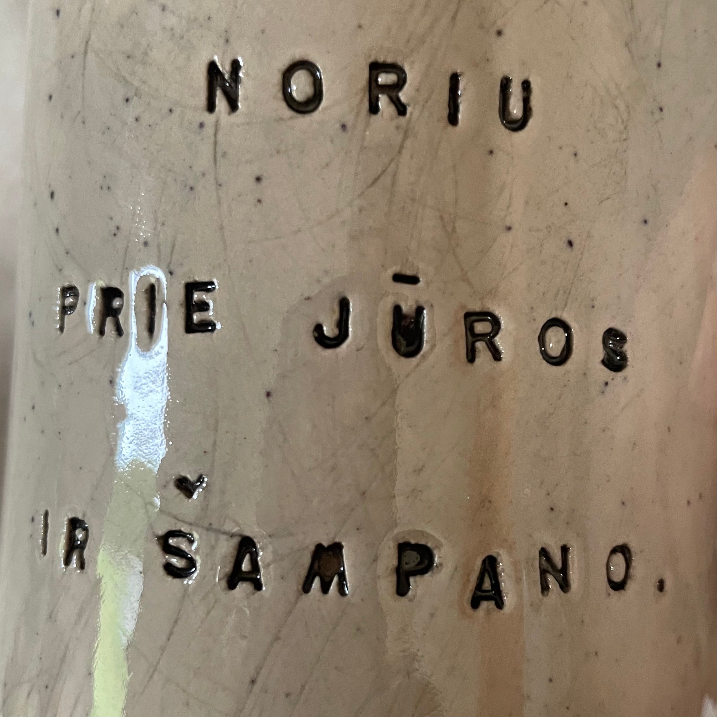 Taškuotas puodelis apie šampaną ir jūrą