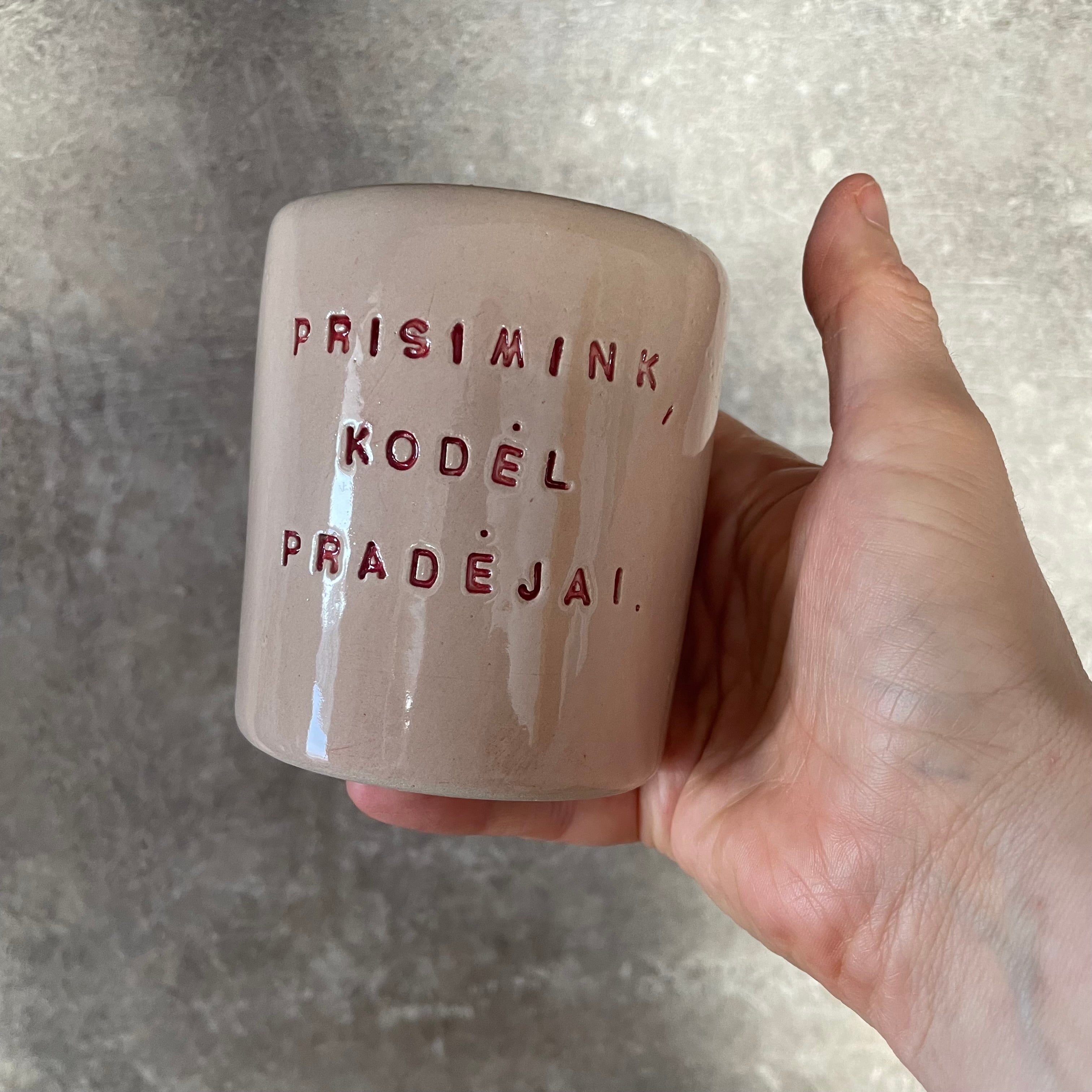Rožinis puodelis su užrašu PRISIMINK, KODĖL PRADĖJAI