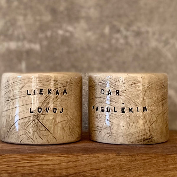 Set of two espresso mugs with words in Lithuanian