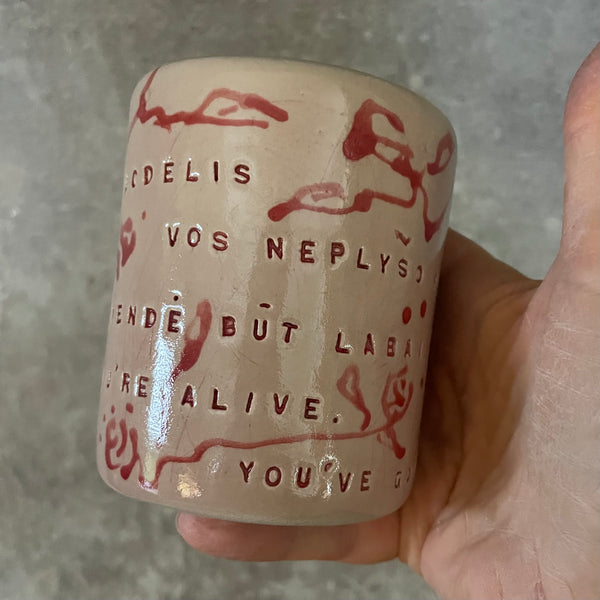 Rausvas gėlėtas puodelis su ilgu tekstu