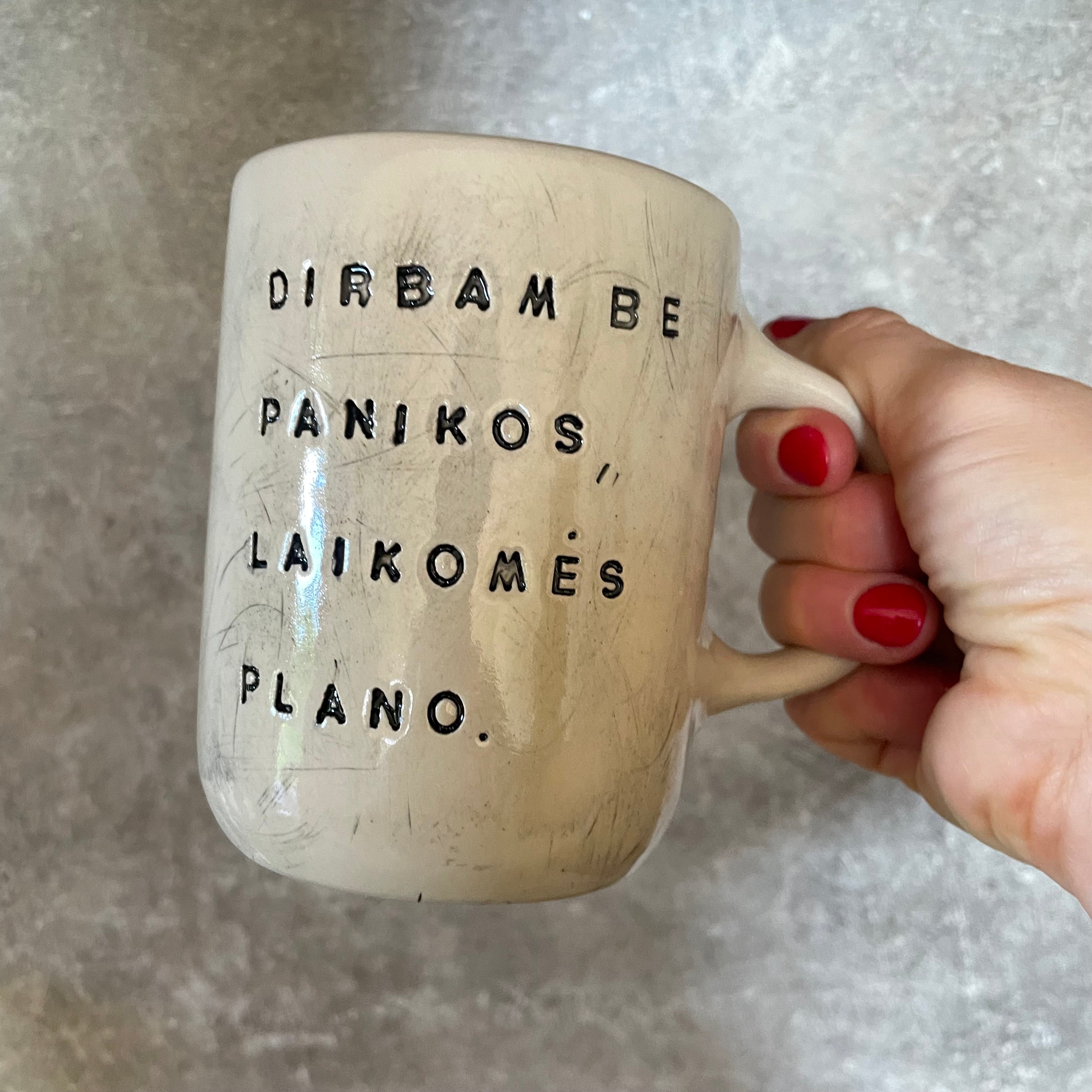 White big ceramic mug with words about work